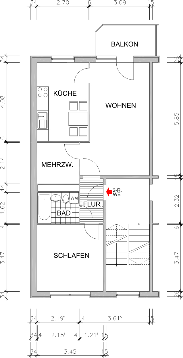 Grundriss bemaßt - !! Umgebaute 2-Raum Whg. Küche mit Tageslicht und Balkon!