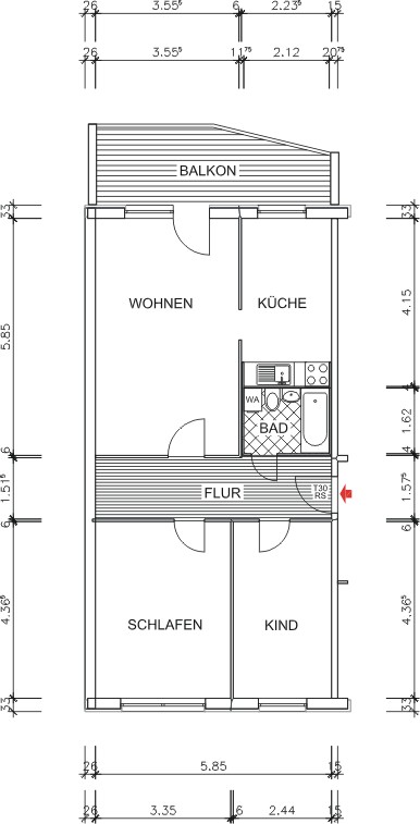 Grundriss bemaßt - Helle 3-Raum-Wohnung mit bodengleicher Dusche