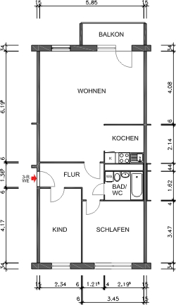 Floor plan dimensioned - 3-room apartment in a green location!
