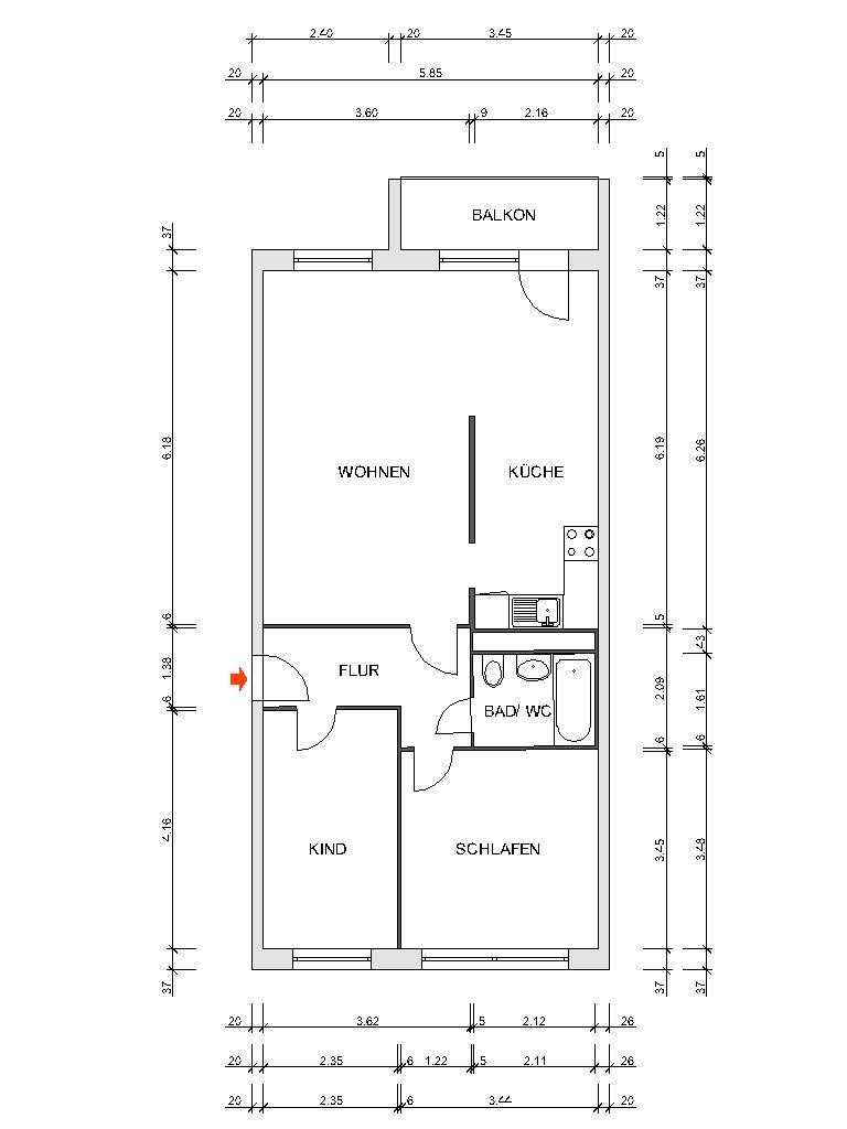 Grundriss bemaßt - Hier wirst du dich wohlfühlen – 3-Raumwohnung mit Einbauküche