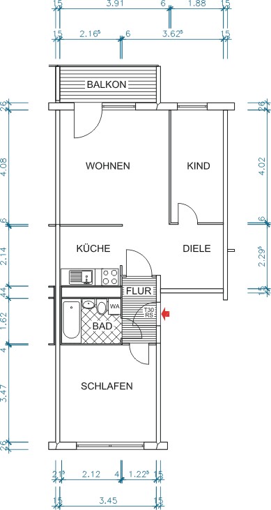 Floor plan dimensioned - 3-room apartment in green Markersdorf