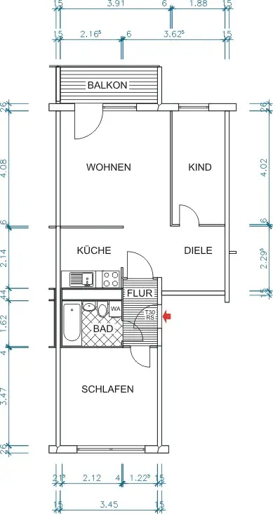 Grundriss bemaßt - 3-Raumwohnung in super Lage für eine kleine Familie
