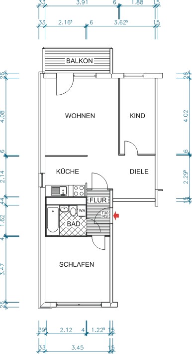 Grundriss bemaßt - 3-Raum-Wohnung mit Balkon