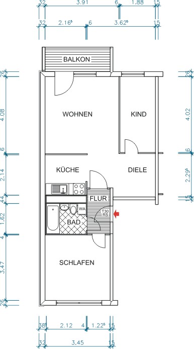 Grundriss bemaßt - Wohnungsmodernisierung nach Ihren Vorstellungen – Sie gestalten mit!