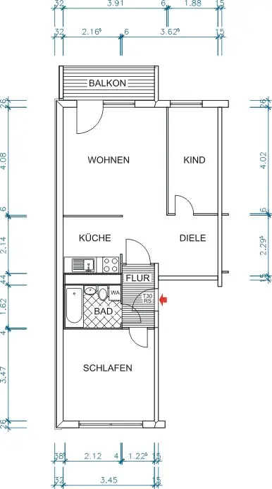 Grundriss bemaßt - Wohnungsmodernisierung nach Ihren Vorstellungen – Sie gestalten mit!