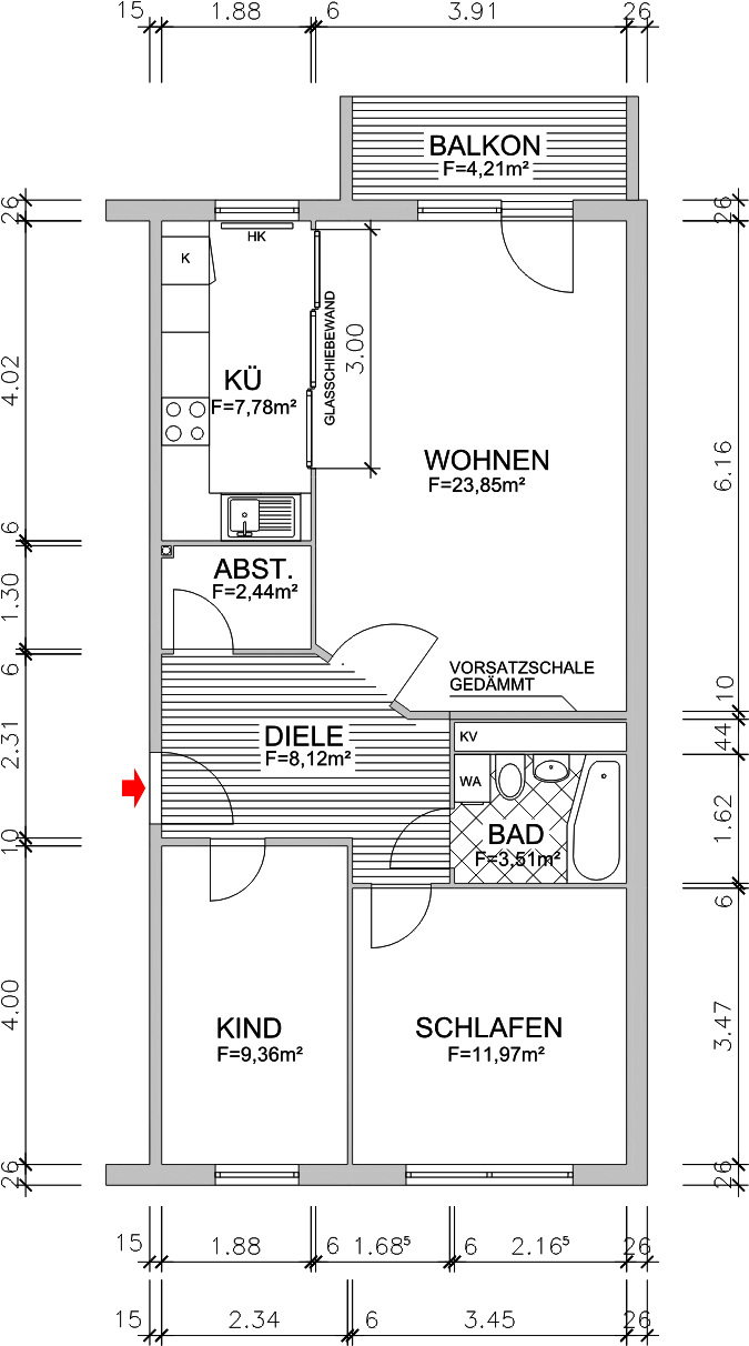 Grundriss bemaßt - Hier ist jeder Quadratmeter gut genutzt