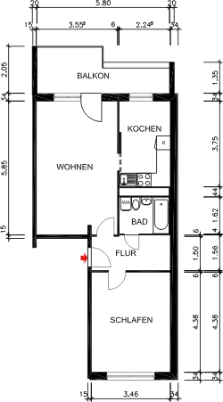 Grundriss bemaßt - FRISCH RENOVIERT! 2 Zimmer, Tageslichtküche und XXL-Balkon