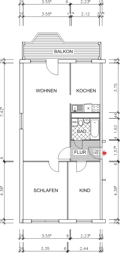 Grundriss bemaßt - Hübsche 3-Raum-Wohnung – gemütlich und hell !!