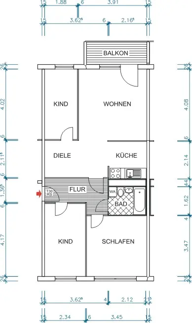 Grundriss bemaßt - Familie gesucht! Wunderschöne 4-Raum-Whg. in Markersdorf!