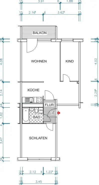 Grundriss bemaßt - Wohnungsmodernisierung nach Ihren Vorstellungen – Sie gestalten mit!