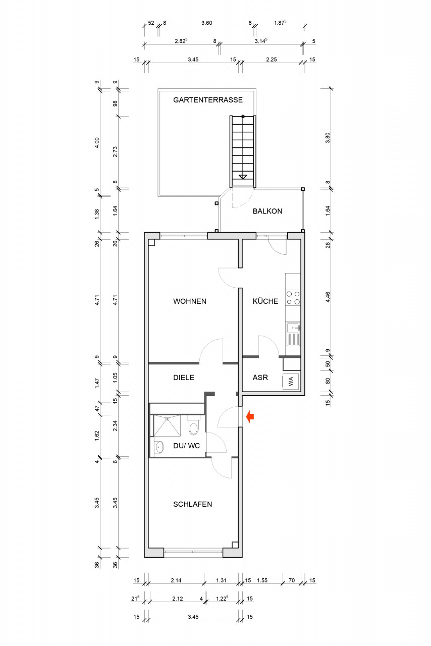 Dimensioned floor plan - First-time occupancy after renovation – cozy 2-room apartment with balcony and garden