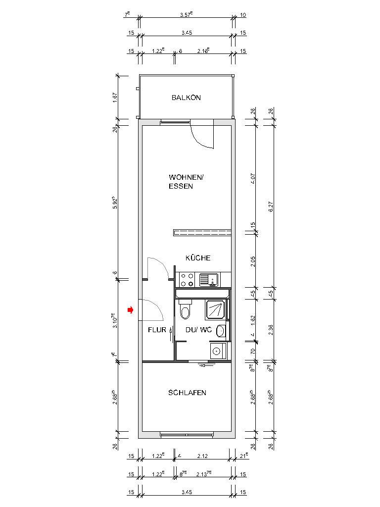 Dimensioned floor plan - 2-room apartment with balcony