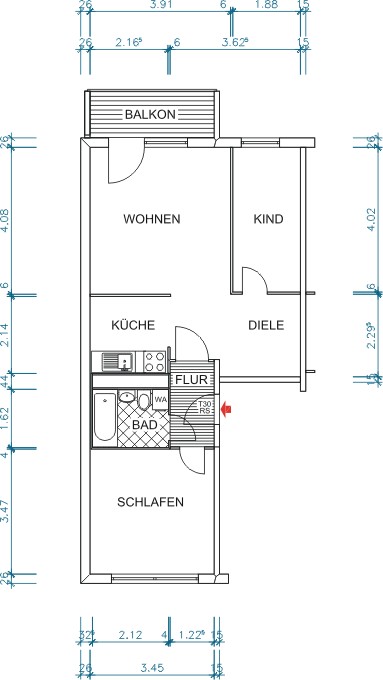Floor plan dimensioned - Furnished apartment in the south of Chemnitz - also perfect for commuters!