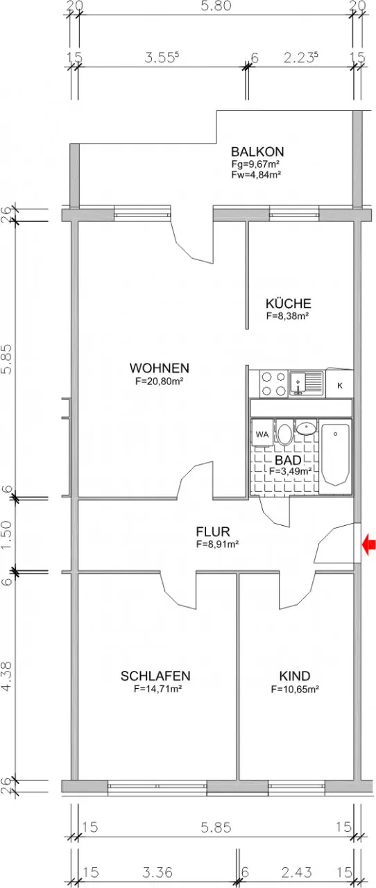 Dimensioned floor plan - 3-room apartment with dining kitchen and XXL balcony