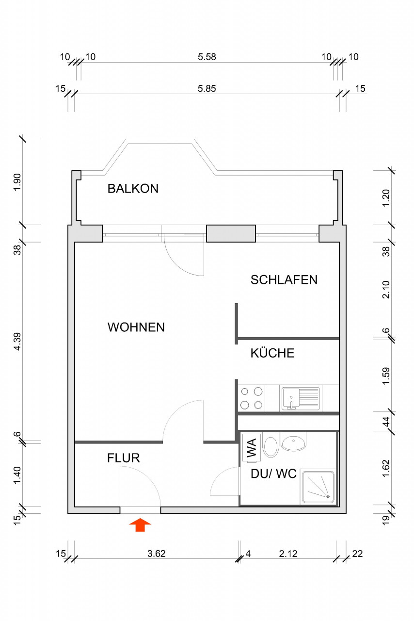 Grundriss bemaßt - 1-Raum-Wohnung mit riesigem Balkon zum Bestpreis!