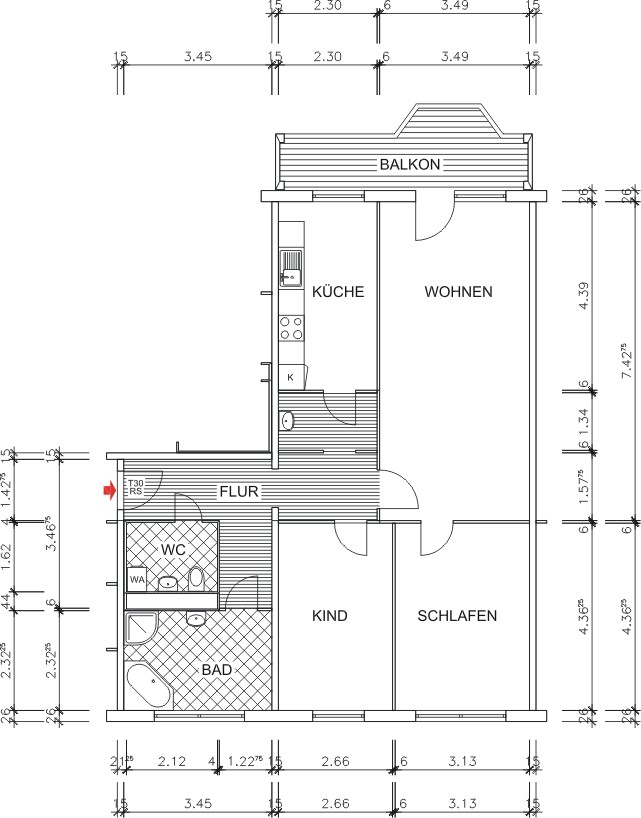 Grundriss bemaßt - 3 Zimmer, großer sonniger Balkon, Tageslichtküche, Aufzug – alles da!