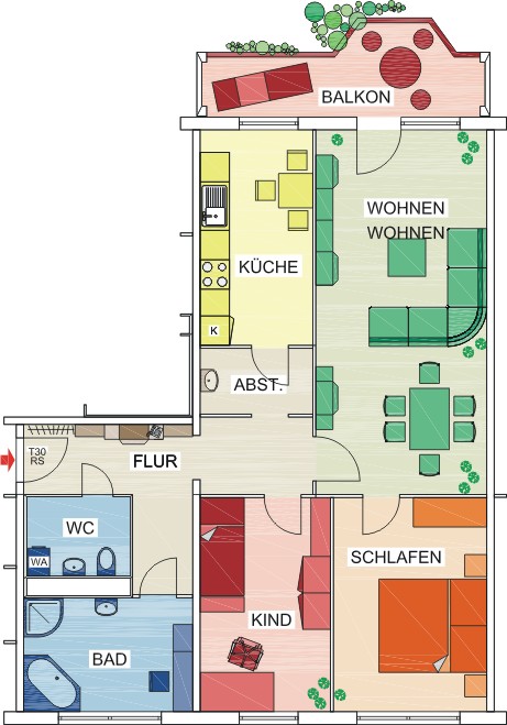 Grundriss - 3 Zimmer, großer sonniger Balkon, Tageslichtküche, Aufzug – alles da!