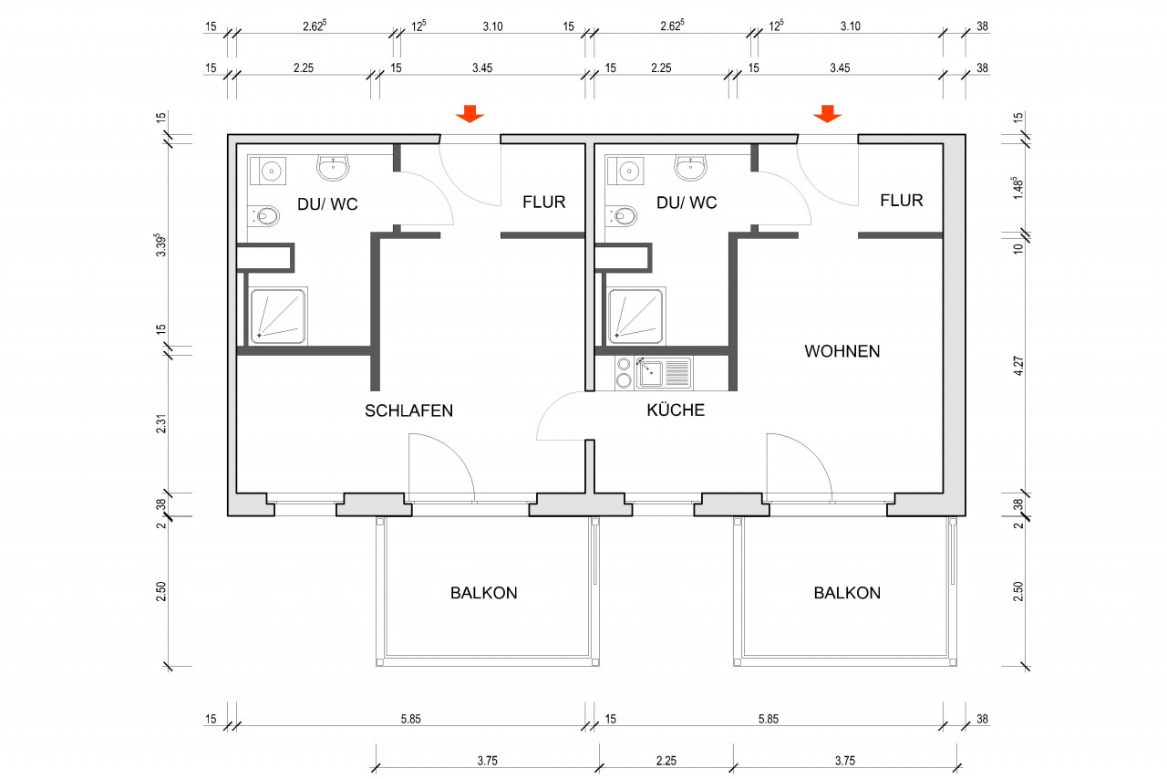 Floor plan dimensioned - Barrier-free 2-room apartment with large balcony and elevator