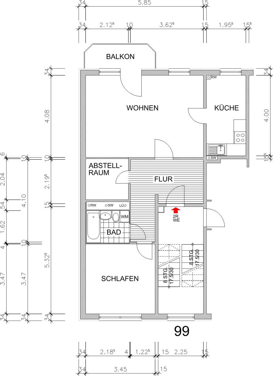 Dimensioned floor plan - 2 rooms, large sunny balcony and daylight kitchen