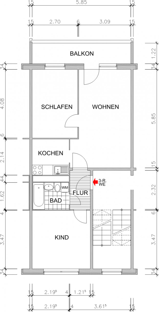 Grundriss bemaßt - 3-Raumwohnung in super Lage für eine kleine Familie