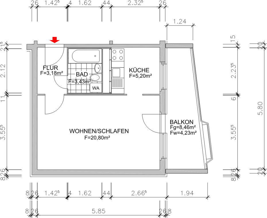 Grundriss bemaßt - 1-Raum Whg. ebenerdig erreichbar mit großem Balkon in Markersdorf!
