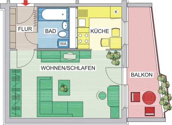 Floor plan - 1-bedroom apartment accessible at ground level with a large balcony in Markersdorf!
