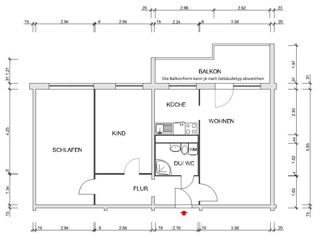 Grundriss bemaßt - !!NEU!! sonnige 3-Raum-Wohnung im Chemnitzer Süden!!