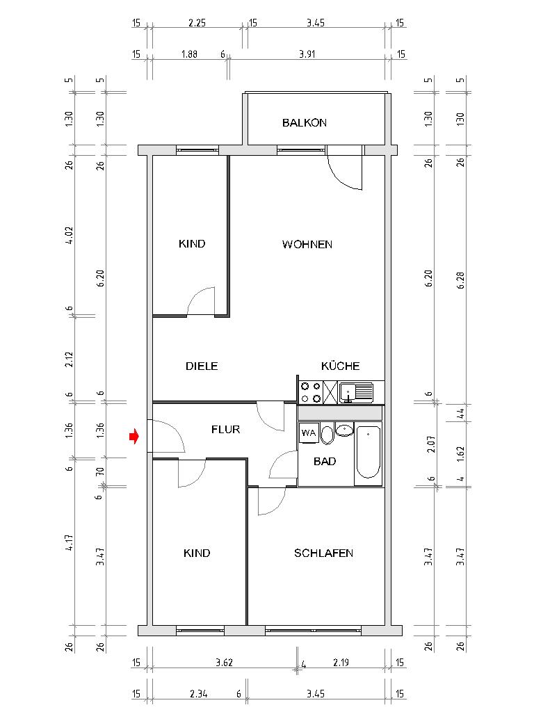 Grundriss bemaßt - 4 Zimmer um familienfreundlich zu wohnen