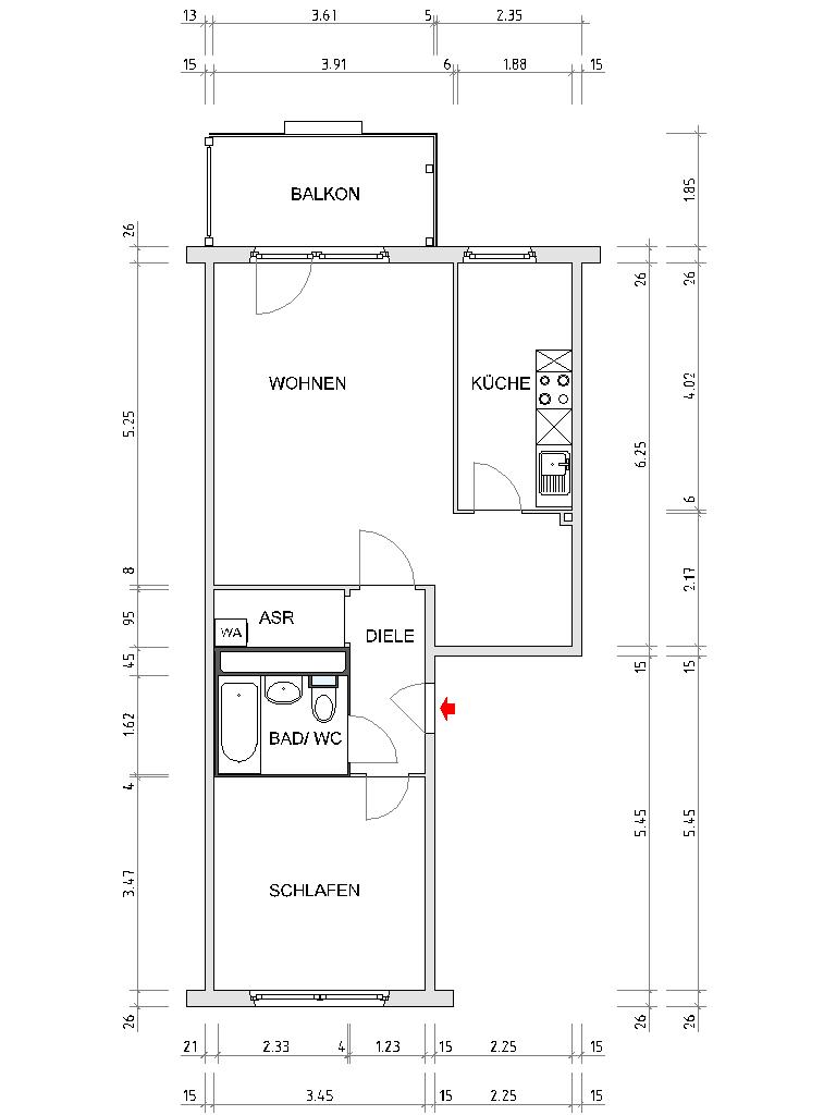 Grundriss bemaßt - !! Umgebaute 2-Raum Whg. Küche mit Tageslicht und Balkon!