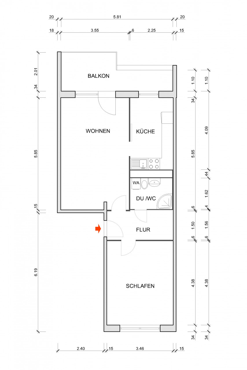 Grundriss bemaßt - XXL-Balkon & frisch renoviert – 2-Raum-Wohnung mit Wohlfühlfaktor