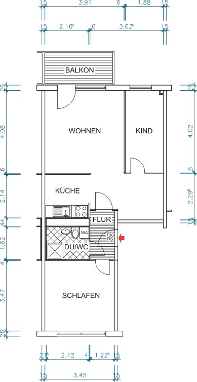 Floor plan dimensioned - 3 rooms with view