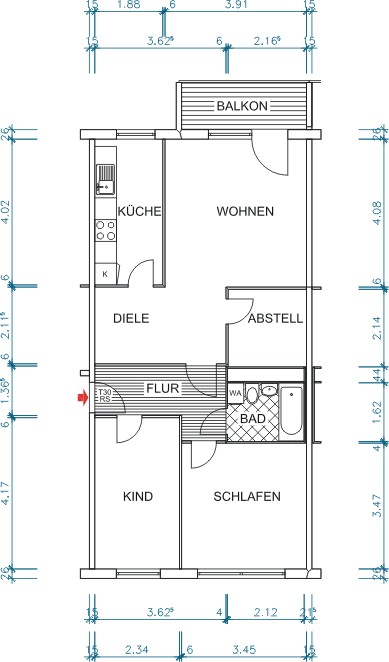 Dimensioned floor plan - 3-room apartment with converted kitchen/window and utility room