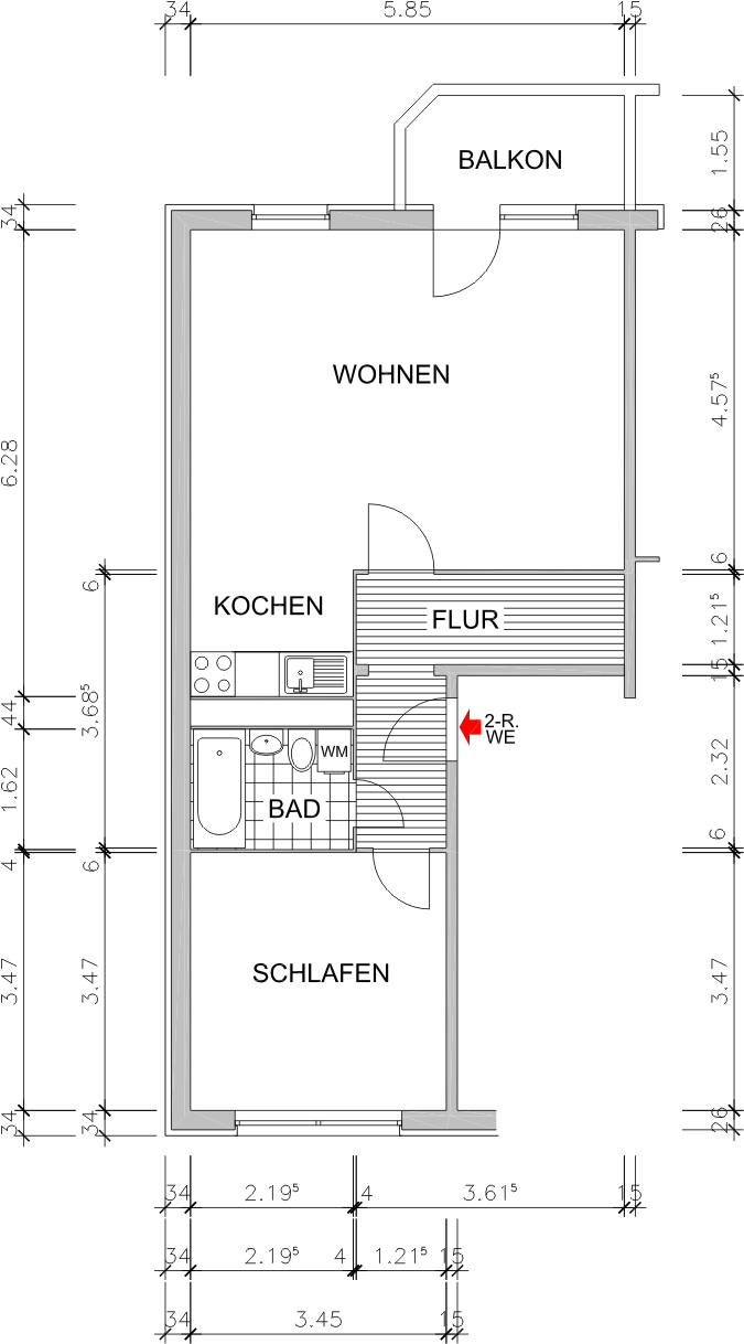 Grundriss bemaßt - Große 2-Raum-Wohnung frei!