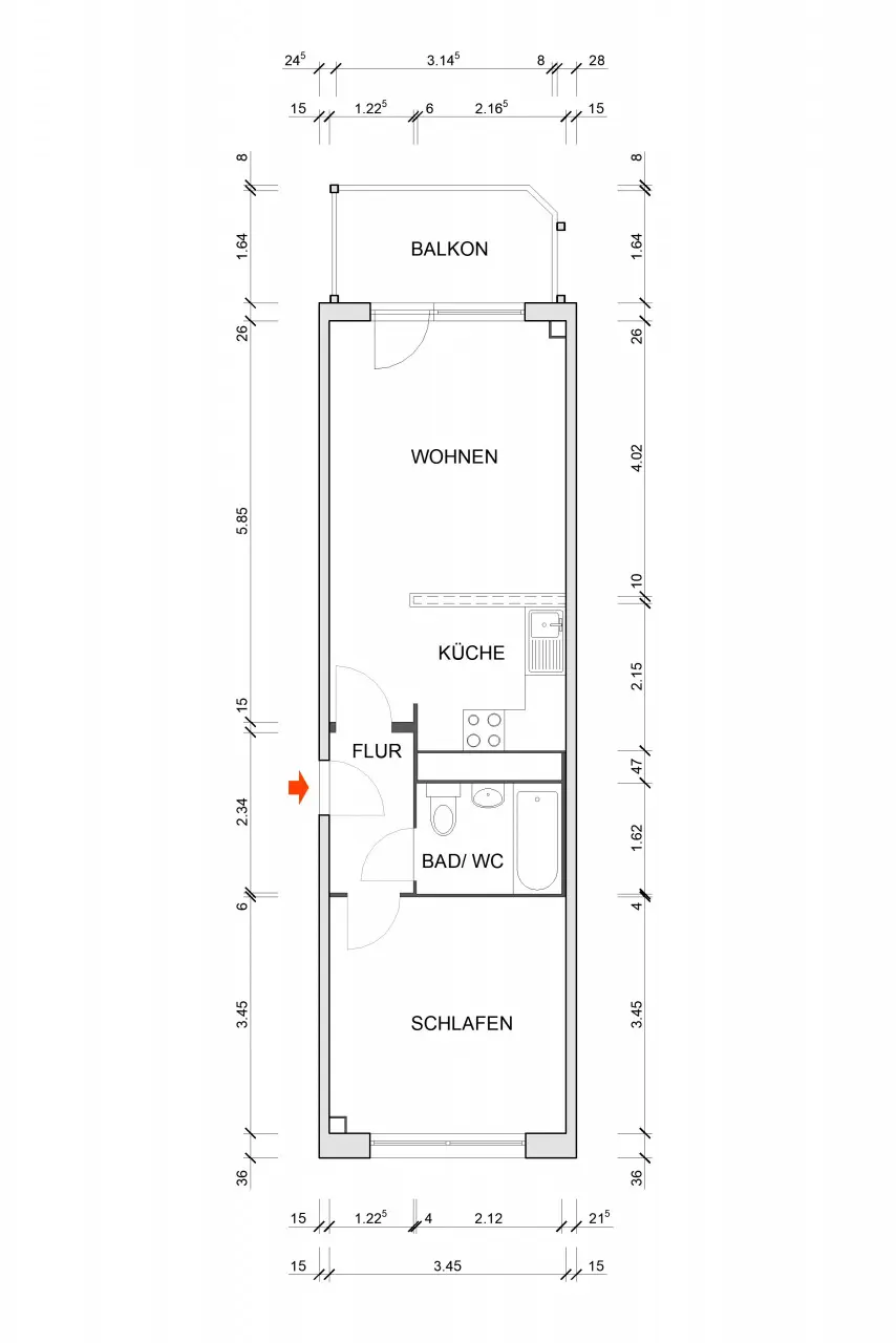 Grundriss bemaßt - **Wir modernisieren.**2-Zimmer Wohnung mit Aufzug**