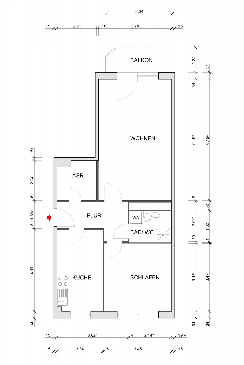 Dimensional Floor Plan - Spacious 2-room apartment in a great location for rent!