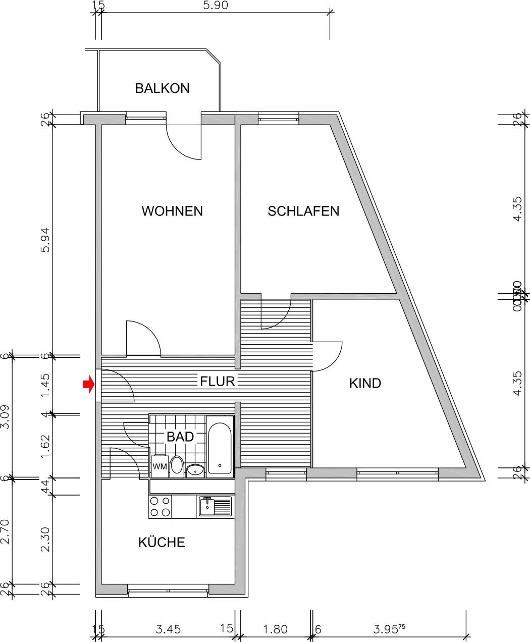 Grundriss bemaßt - ***NEU*** Großzügige 3-Raum-Whg. in Hutholz über den Dächern der Stadt!