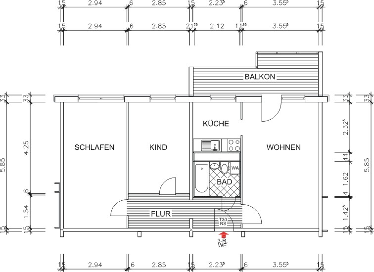 Dimensioned floor plan - 3 rooms, large sunny balcony and daylight kitchen