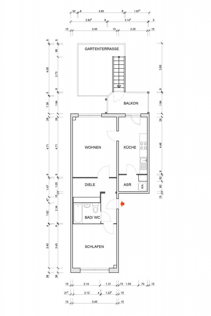 Grundriss bemaßt - Sanierte 2RW mit Balkon und Gartenterrasse im Grünen
