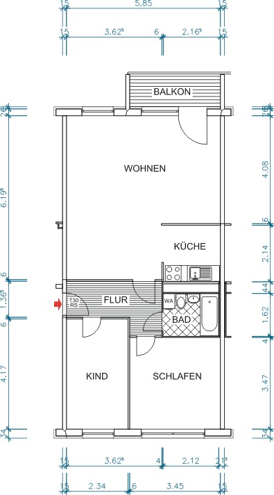 Grundriss bemaßt - !!NEU!! schöne 3 Raumwohnung im sonnigen Süden von Chemnitz