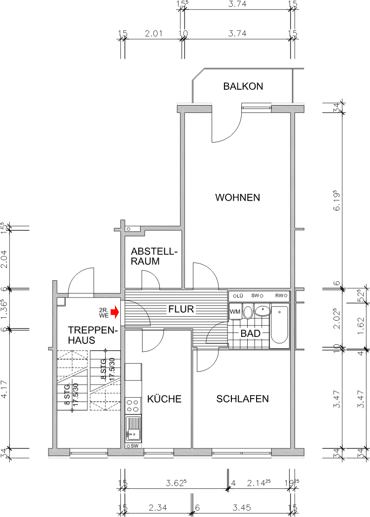 Grundriss bemaßt - !! NEU !! 2 Zimmer, Küche mit Fenster + sonniger Balkon