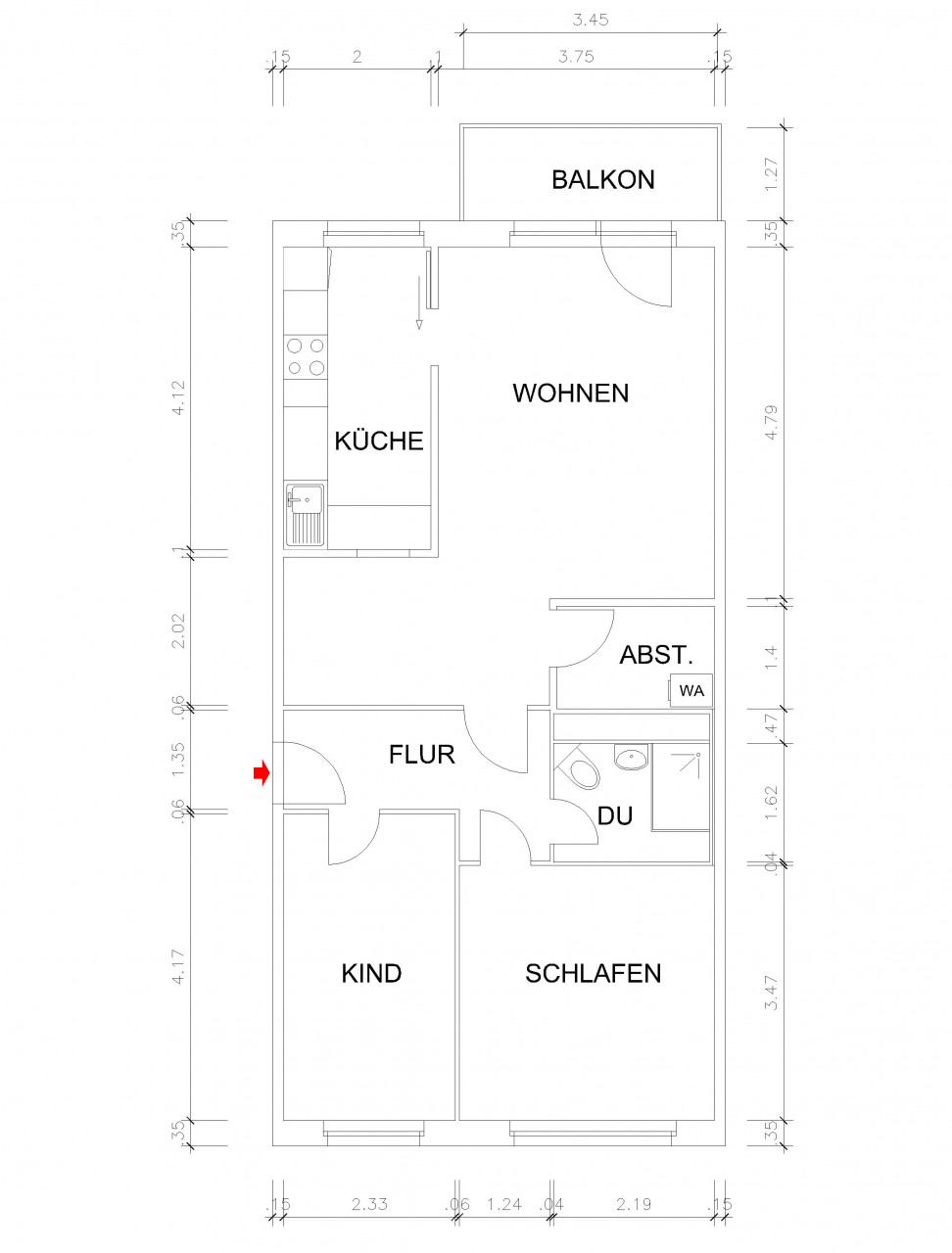 Grundriss bemaßt - 3-Raum-Wohnung im grünen Markersdorf