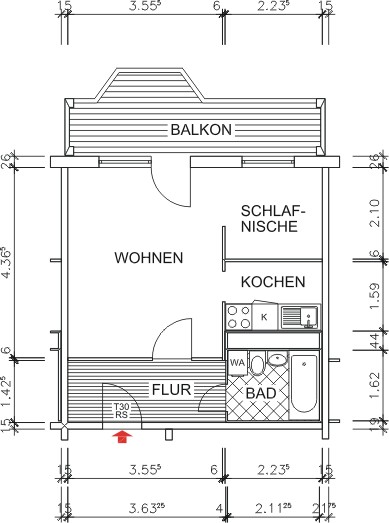 Grundriss bemaßt - 1-Raum-Whg. – klein und fein